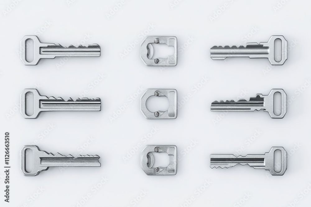 Silver keys with modern designs arranged in a grid on a white background, suitable for security advertisements, technology banners, and minimalist presentations.
Silver keys with modern designs arranged in a grid on a white background, suitable for security advertisements, technology banners, and minimalist presentations.