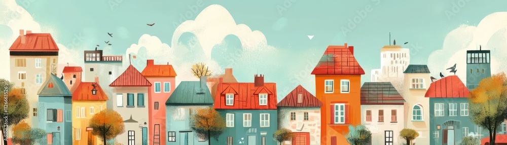 Naklejka premium Harmonious Global Village Scene with Diverse Architectural Styles and Vibrant Cityscape