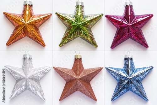 Glittery star-shaped ornaments in vibrant metallic colors including gold, silver, and red, ideal for Christmas decorations and holiday banners.

