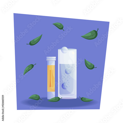 A bottle of pills, a glass of water and dissolving effervescent tablets and falling leaves on a blue background. Vector cartoon illustration of medicine and medical preparations