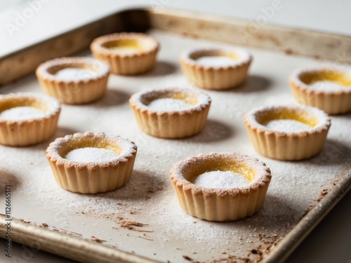 Freshly Baked Lemon Tarts with Powdered Sugar on a Baking Tray.