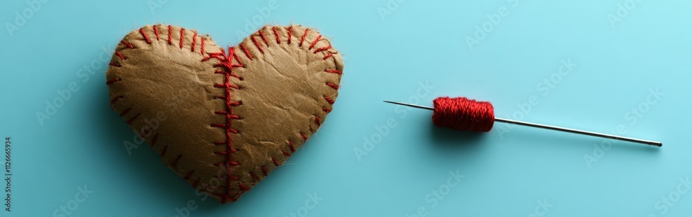 Stitched Paper Heart with Needle on Light Blue Background Stitched Paper Heart with Needle on Light Blue Background