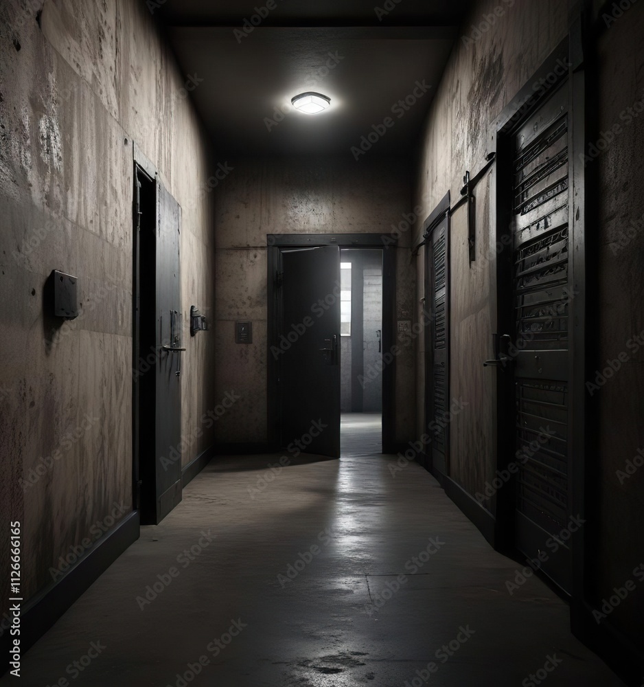 Dark and empty prison cell block with an open door leading to freedom, quiet atmosphere, empty cell walls Dark and empty prison cell block with an open door leading to freedom, quiet atmosphere, empty cell walls