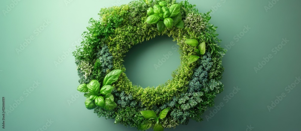 Lush green herb wreath on teal background. Lush green herb wreath on teal background.