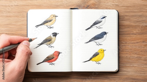 A hand holds a pen over a sketchbook displaying illustrations of various colorful birds on a wooden surface. photo