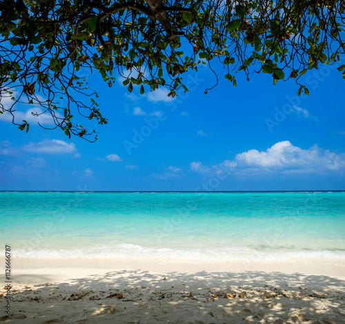 White sand beach with sea waves and splashes. Dream paradise landscape of resort for vacation and honeymoon with blue bright sky and clouds, calm turquoise lagoon, shadow of tropical tree branches