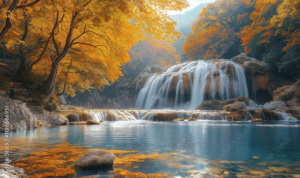 Natural landscape with a colorful autumn waterfall. Natural landscape with a colorful autumn waterfall.
