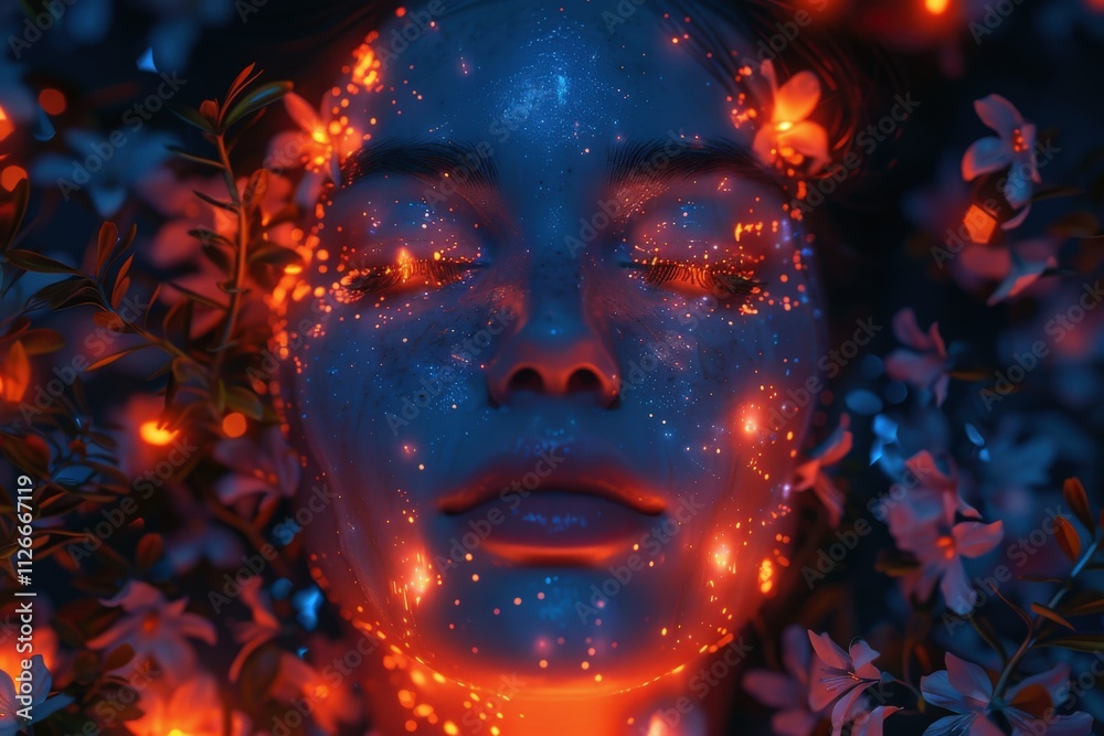 Enigmatic Portrait of Dreamlike Woman with Ethereal Illuminating Light Patterns Amidst Delicate Blossoms at Nighttime Ambiencedreamlike