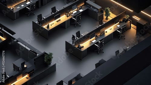 Modern dark office space with individual workstations, computers, and plants.