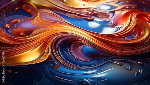 Abstract Swirling Liquid Art: Vibrant Hues of Orange, Blue, and Gold Intertwined in a Mesmerizing Viscous Flow