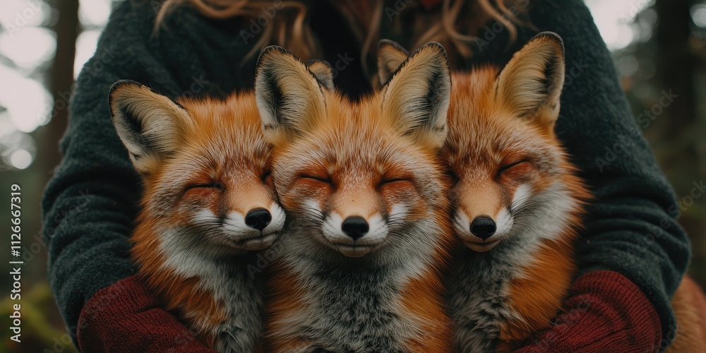 Fototapeta premium A person holds three adorable foxes in a tranquil forest setting, showcasing the beauty of wildlife and companionship.
