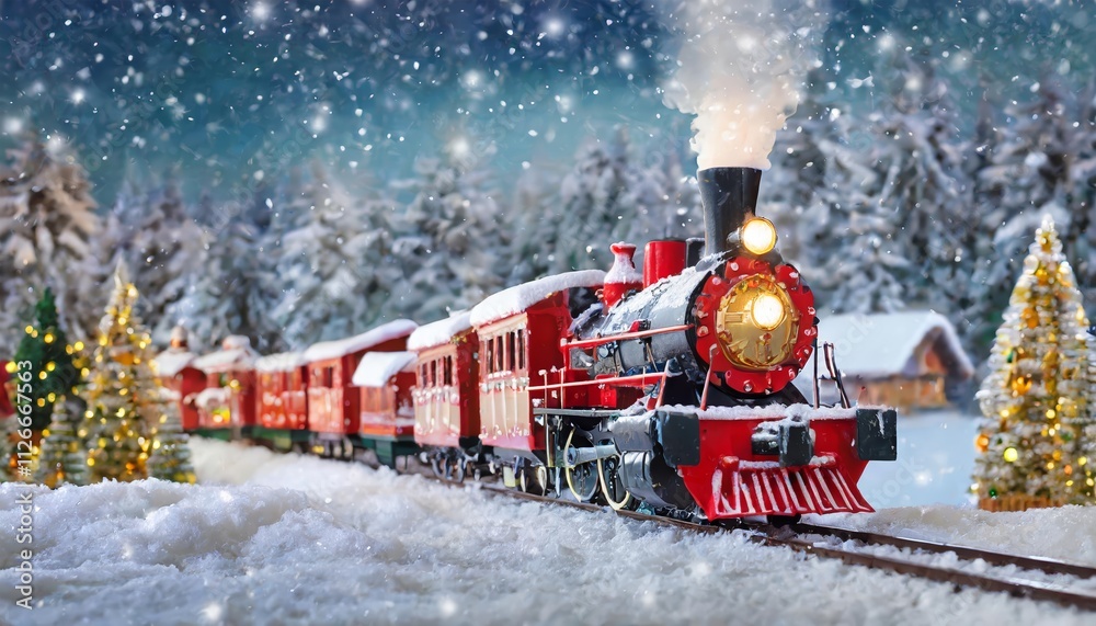 Charming Christmas Train in Santa Village Surrounded by a Magical Snowy Landscape, Perfect for Winter Seasonal Marketing Campaigns and Festive Promotions Charming Christmas Train in Santa Village Surrounded by a Magical Snowy Landscape, Perfect for Winter Seasonal Marketing Campaigns and Festive Promotions