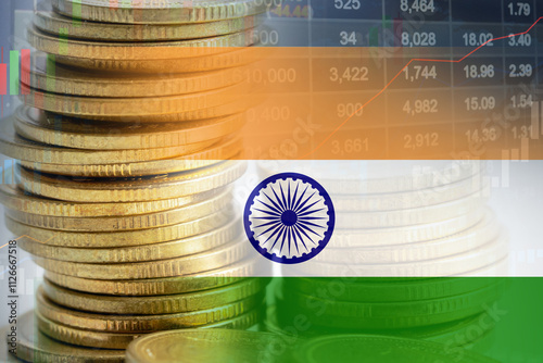 Stock market investment trading financial, coin and India flag for analyze profit finance business trend data.