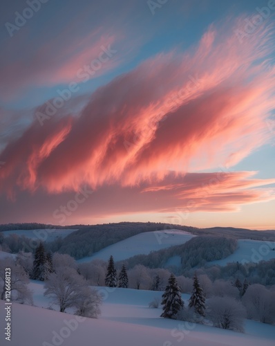 Dramatic Sunset Over Snowy Landscape with Colorful Clouds