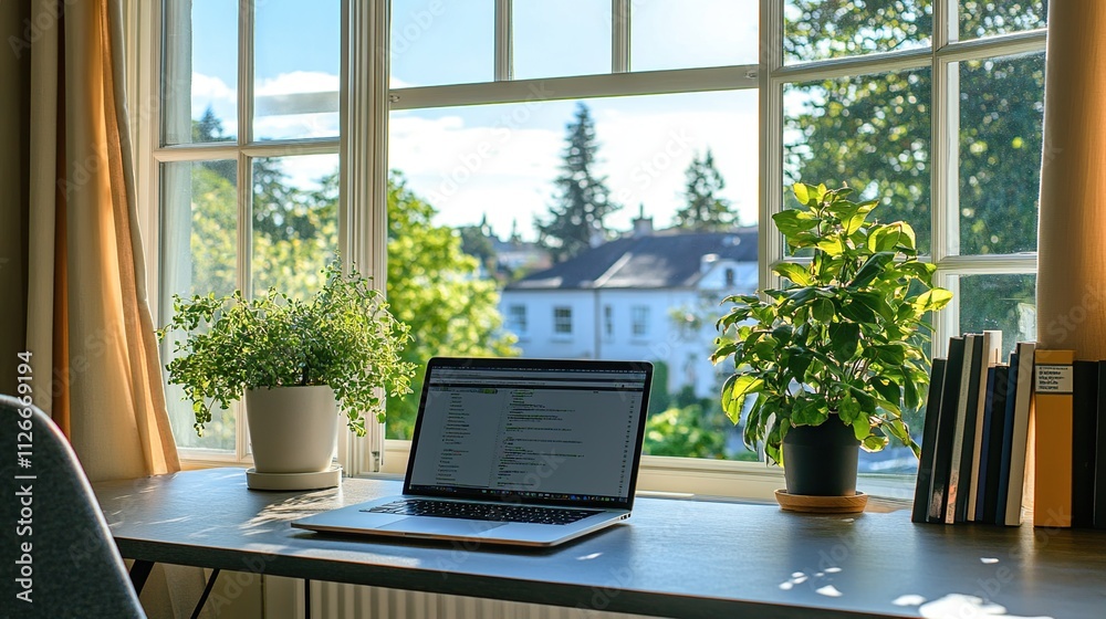 A bright workspace with a laptop, plants, and a view of a sunny outdoor scene. A bright workspace with a laptop, plants, and a view of a sunny outdoor scene.