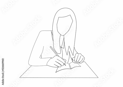 Minimalist line art of a woman writing at a desk, holding a pencil and an open book, with a faceless design. Ideal for educational, creative, or work-related themes. photo