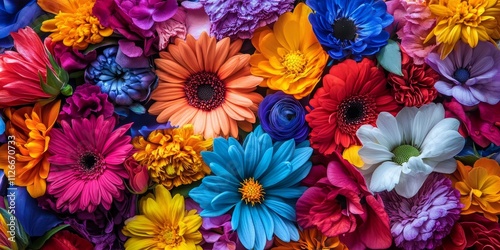 Vibrant macro view of a stack of colorful flowers, showcasing the intricate details and vivid hues of colorful flowers in an artistic arrangement that captures the essence of nature s beauty. photo