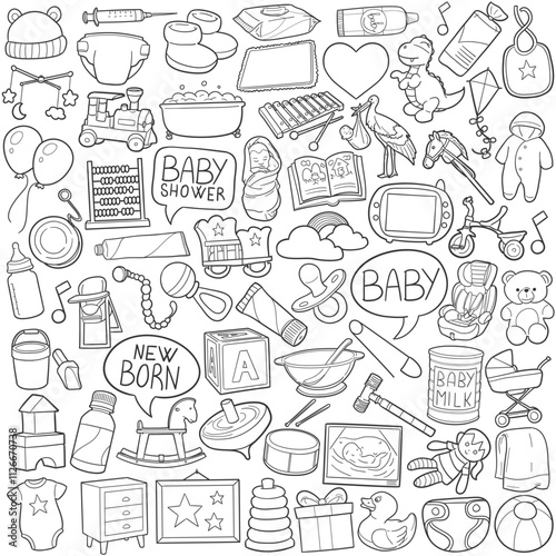 Baby Doodle Icons Black and White Line Art. New Born Clipart Hand Drawn Symbol Design.