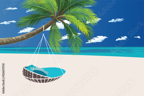 Summer beach and palm trees and beach swing bed vector