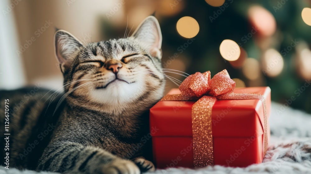 Christmas cat holding a gift Christmas cat holding a gift