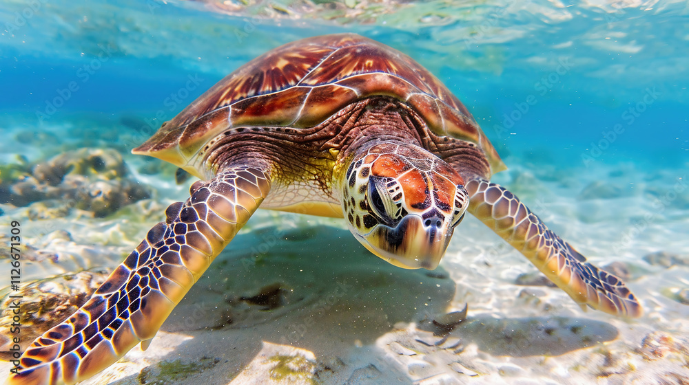 Fototapeta premium Turtle swimming through the deep blue ocean as the sun shines above it