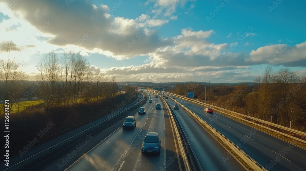 Stunning Highway Sunset Drive: Multilane Road with Cars under a Cloudy Sky Stunning Highway Sunset Drive: Multilane Road with Cars under a Cloudy Sky