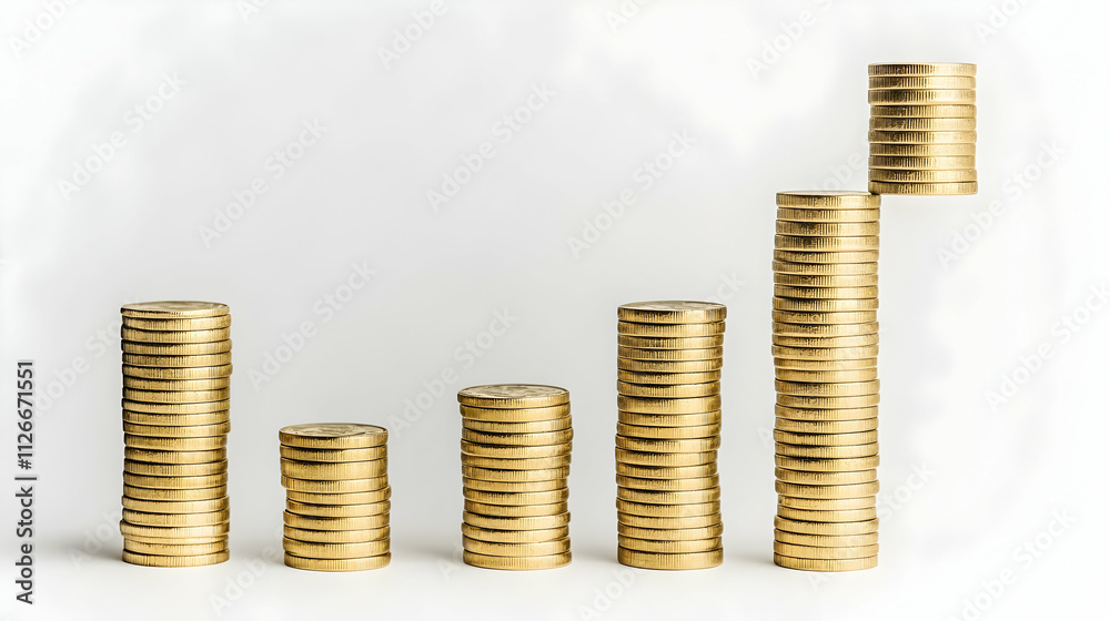 Stacks of gold coins ascending in height, illustrating growth, wealth, investment, or financial success. A minimalist image perfect for business or financial concepts. Stacks of gold coins ascending in height, illustrating growth, wealth, investment, or financial success. A minimalist image perfect for business or financial concepts.