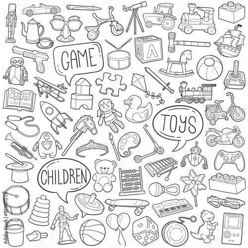 Toys Doodle Icons Black and White Line Art. Children Play Clipart Hand Drawn Symbol Design.