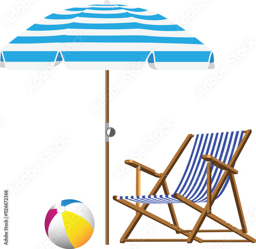 Summer beach chair and umbrella and ball vector