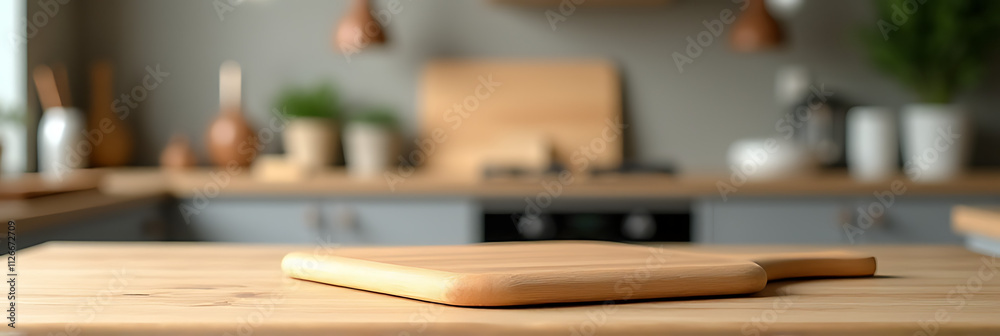 Wooden countertop with cutting board blurred in background creates visually appealing image for product display and interior design inspiration._00001_