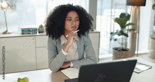 Canvastavla Thinking, laptop and businesswoman in office with ideas, planning or decision for finance report