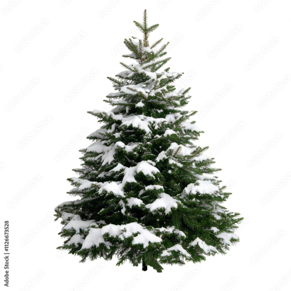 Snow covered evergreen tree with lush green branches and festive look Snow covered evergreen tree with lush green branches and festive look
