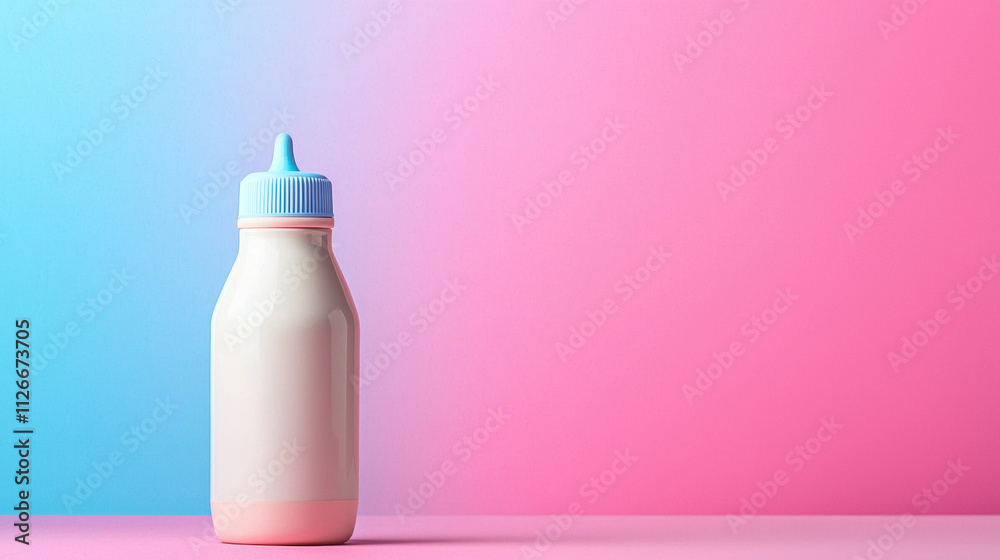 Baby accessories minimalistic concept. A minimalist bottle of mustard stands against a vibrant pink and blue gradient background, creating a striking visual contrast. Baby accessories minimalistic concept. A minimalist bottle of mustard stands against a vibrant pink and blue gradient background, creating a striking visual contrast.