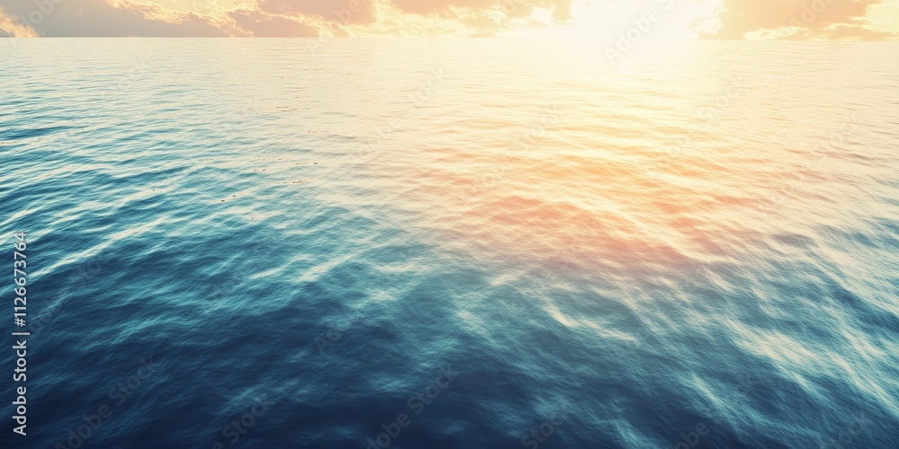 Obraz premium Aerial view of a serene sunset over tranquil water, showcasing soft hues and gentle waves. The calm water reflects a stunning warm glow, while picturesque clouds enhance the peaceful scene.