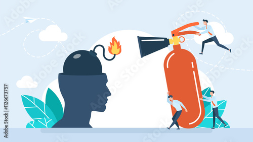 People holding fire extinguisher trying to extinguish lit bomb. Silhouette of head with bomb. Explode, anxiety, stressed. mental problem or depression. Medical support. Vector illustration