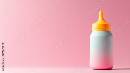 Baby accessories minimalistic concept. A colorful squeeze bottle with a gradient design, featuring a vibrant orange cap, set against a soft pink background.