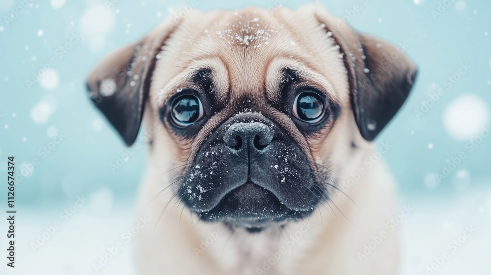 Close up portrait of Pug dog face with snow on nose against winter blue background. Expressive blue eyes and wrinkled face capture seasonal pet photography. 8k desktop wallpaper or digital backdrop Close up portrait of Pug dog face with snow on nose against winter blue background. Expressive blue eyes and wrinkled face capture seasonal pet photography. 8k desktop wallpaper or digital backdrop