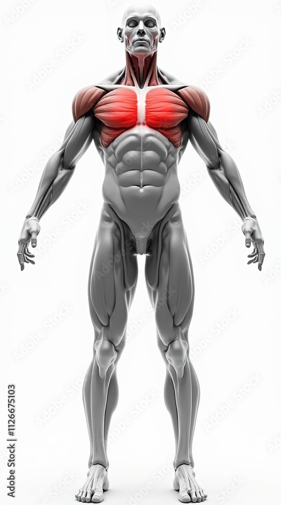 Highly Detailed Anatomical Illustration of Muscular Human Figure Front View Highly Detailed Anatomical Illustration of Muscular Human Figure Front View