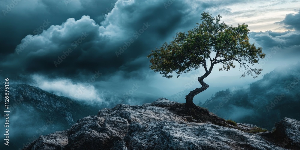 A solitary tree stands on the mountain beneath a looming dark cloud, creating a dramatic scene. This image of the tree showcases nature s beauty and the power of the elements around it. A solitary tree stands on the mountain beneath a looming dark cloud, creating a dramatic scene. This image of the tree showcases nature s beauty and the power of the elements around it.