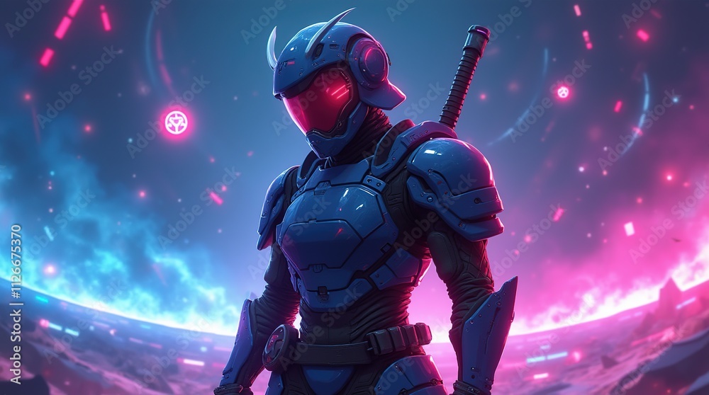 Fototapeta premium Futuristic Samurai Warrior in Neon-Lit Cyberpunk Void