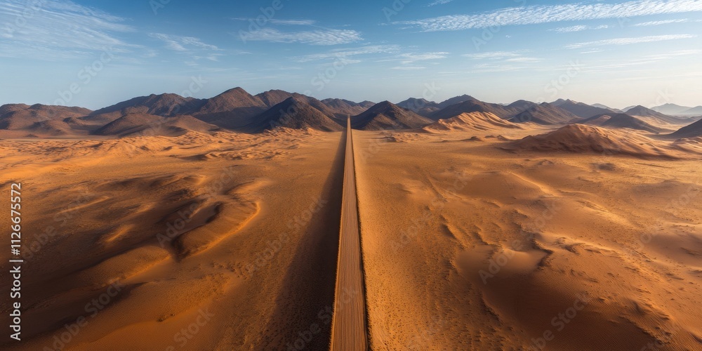 Naklejka premium A straight line stretches across the desert, highlighting the vastness and unique patterns within the desert landscape. This straight line serves as an intriguing focal point in the desert scenery.