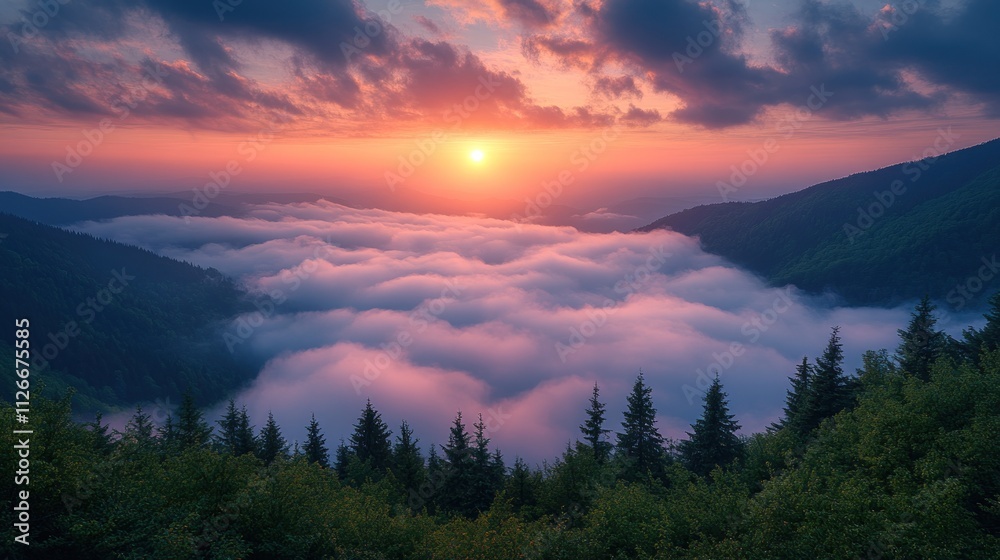 Obraz premium A breathtaking sunrise over a sea of clouds in a lush green valley.