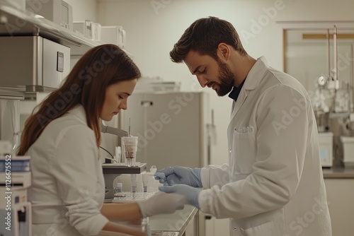 Researchers conduct experiments in laboratory, focusing on scientific analysis and teamwork collaboration photo