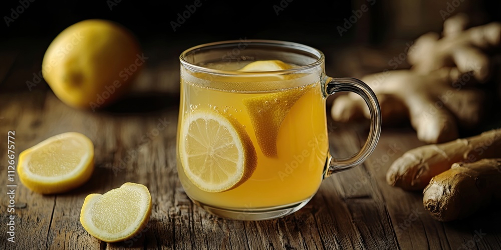 Cup of ginger tea with lemon displayed in a glass mug, showcasing the soothing qualities of ginger tea with lemon, perfect for relaxation and enjoyment on a wooden table setting. Cup of ginger tea with lemon displayed in a glass mug, showcasing the soothing qualities of ginger tea with lemon, perfect for relaxation and enjoyment on a wooden table setting.
