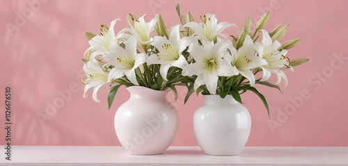 Graceful white lilies in white ceramic vase on pastel pink backdrop, fresh blossoms, chic