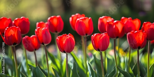 Vibrant red tulips blooming beautifully in the garden, showcasing the stunning colors of red tulips that enhance the garden s aesthetic appeal and bring joy to nature lovers. photo