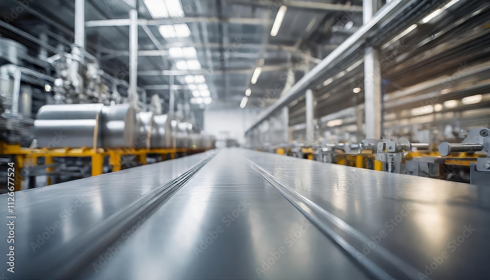 Clean, Metallic Assembly Line Surface with a Blurred, Dynamic Factory Background Showcasing Modern Manufacturing Efficiency and Precision in a High-Tech Industrial Environment Clean, Metallic Assembly Line Surface with a Blurred, Dynamic Factory Background Showcasing Modern Manufacturing Efficiency and Precision in a High-Tech Industrial Environment