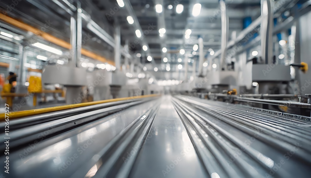 Clean, Metallic Assembly Line Surface with a Blurred Dynamic Factory Background: A Modern Industrial Scene Showcasing Precision Engineering and Advanced Manufacturing Techniques in Action. Clean, Metallic Assembly Line Surface with a Blurred Dynamic Factory Background: A Modern Industrial Scene Showcasing Precision Engineering and Advanced Manufacturing Techniques in Action.