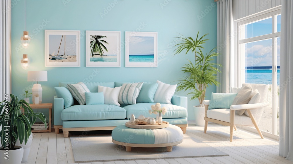Fototapeta premium Bright and Airy Coastal Living Room with Light Blue Decor