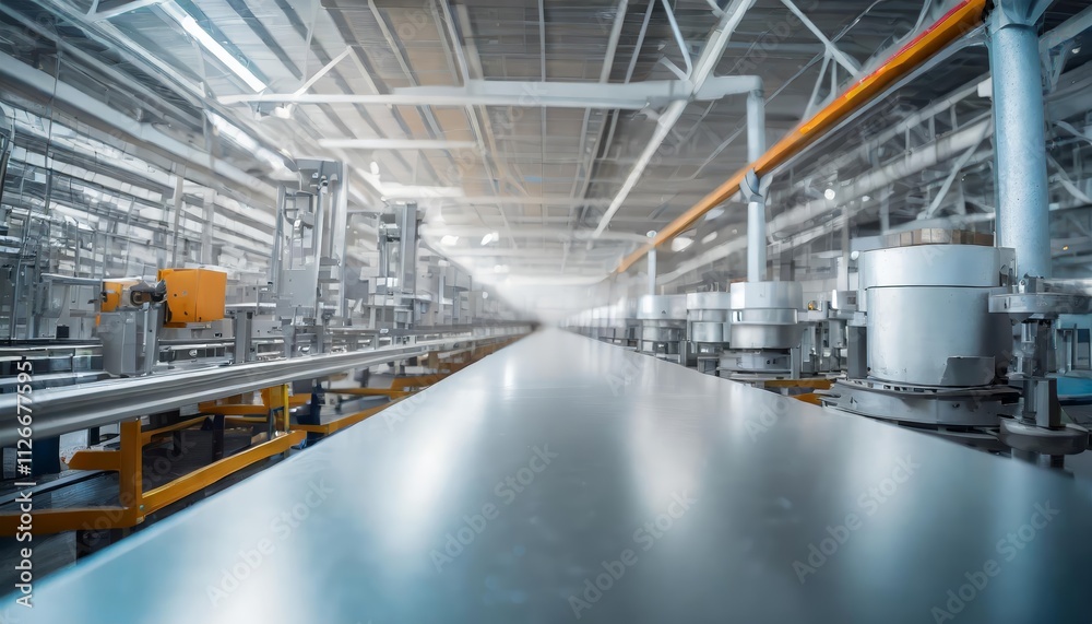 Pristine Clean Metallic Assembly Line Surface with a Blurred Dynamic Factory Background: A Modern Industrial Aesthetic for Manufacturing and Production Environments Pristine Clean Metallic Assembly Line Surface with a Blurred Dynamic Factory Background: A Modern Industrial Aesthetic for Manufacturing and Production Environments